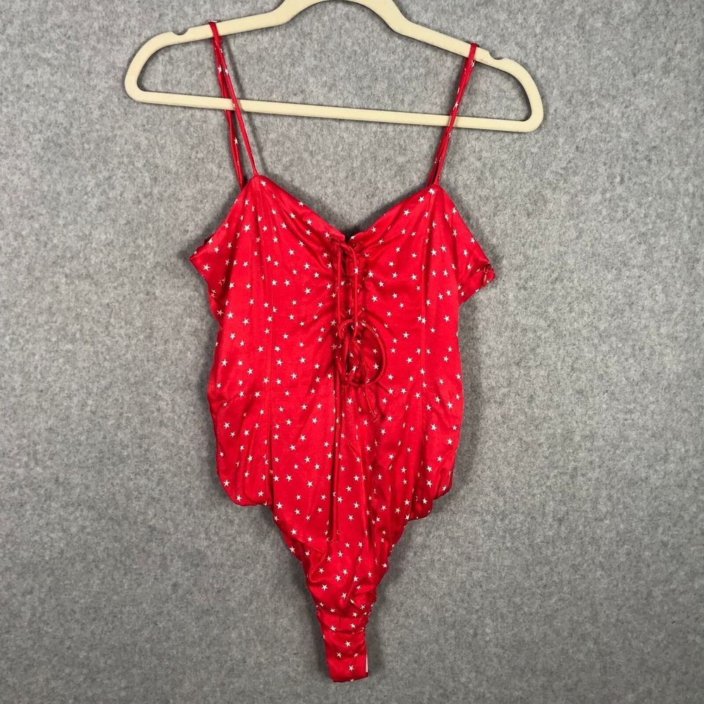 Zara Bodysuit Womens Small Red White Stars 4th of July Lace Up Stretch USA